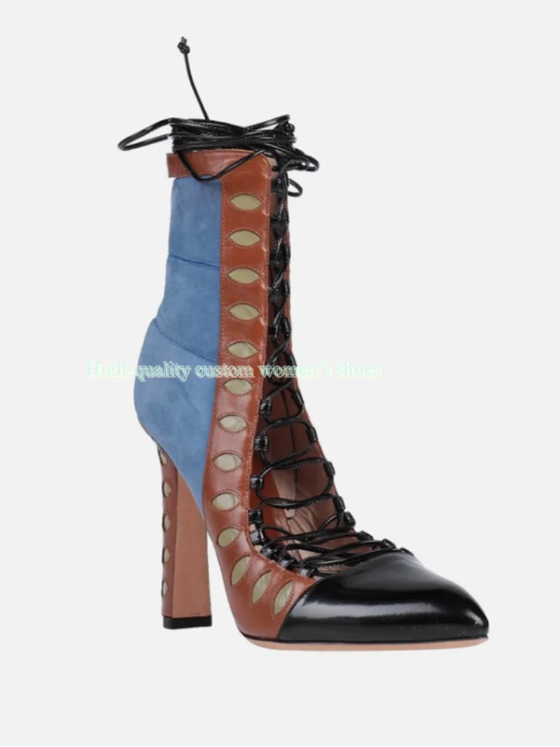 Retro Multicolor Hollow Out Chunky Heel Ankle Boots for Women