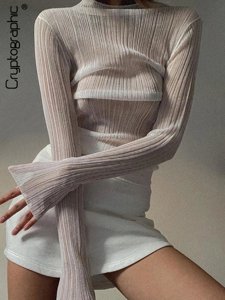 Cryptographic 2025 Fall Elegant See Through Long Sleeve Mock Neck Women Tops Fashion Streetwear Sexy T-Shirts Tees Slim Clothes