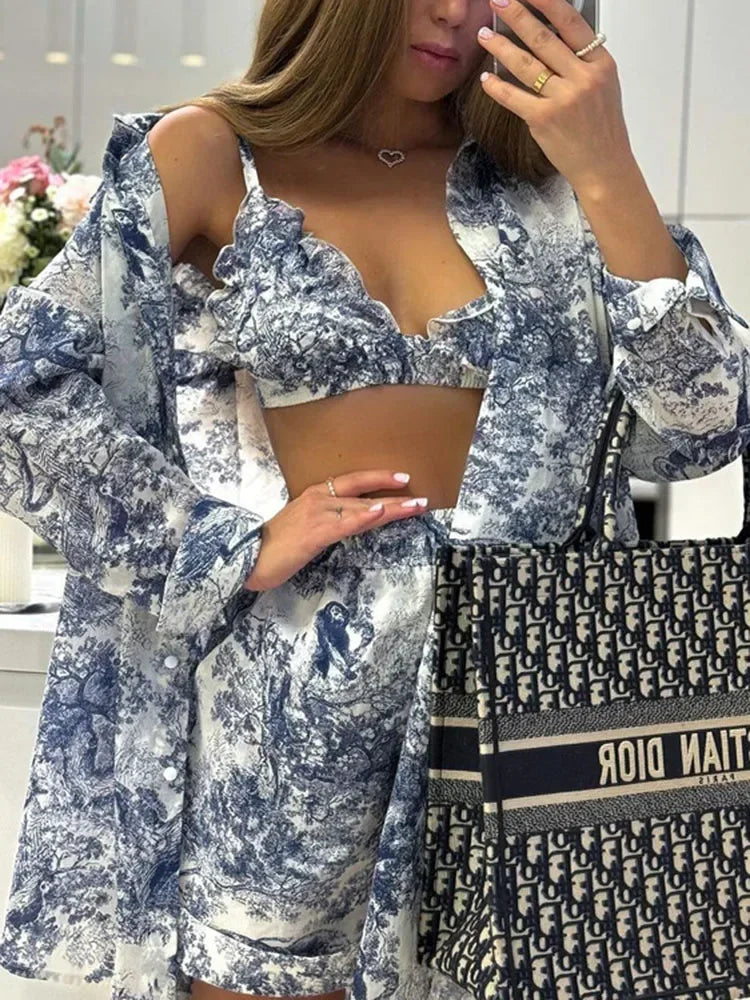 Casual Retro Ink Print Shirt and Shorts Set for Women