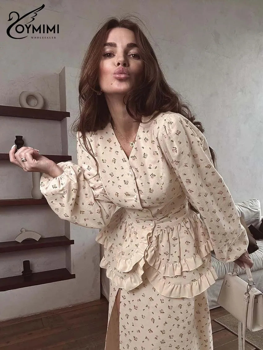 Oymimi Casual Apricot Print 2 Pieces Set For Woman Elegant Long Sleeve Button Ruffled Shirts And High Waist Side Slit Skirts Set