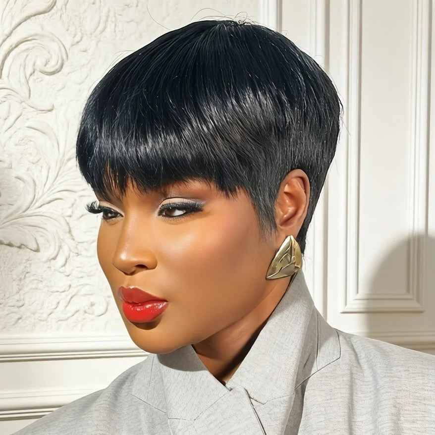 Pixie Cut Human Hair Wig Pi Straight Layered Hair Natural Look Wig Full Machine-Made Wig