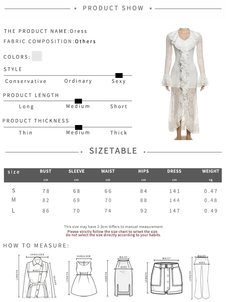 Cutenew Lace Stacked Women Maxi Dresses Romantic French Full Sleeve Ruffle Neck Split Bodycon Female Sexy Sheer Trend Vestidos