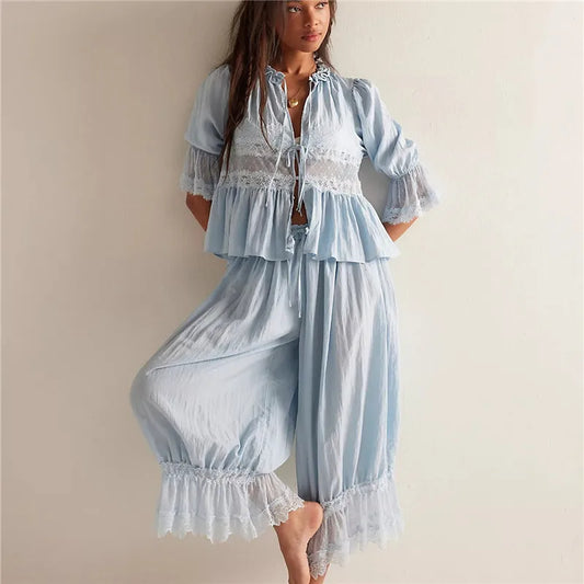 hirigin Women Lace Trim 2 Piece Pajamas Sets Y2k Bow Tie Front Short Sleeve Shirts + Ruffle Flared Lantern Pants Loungewear