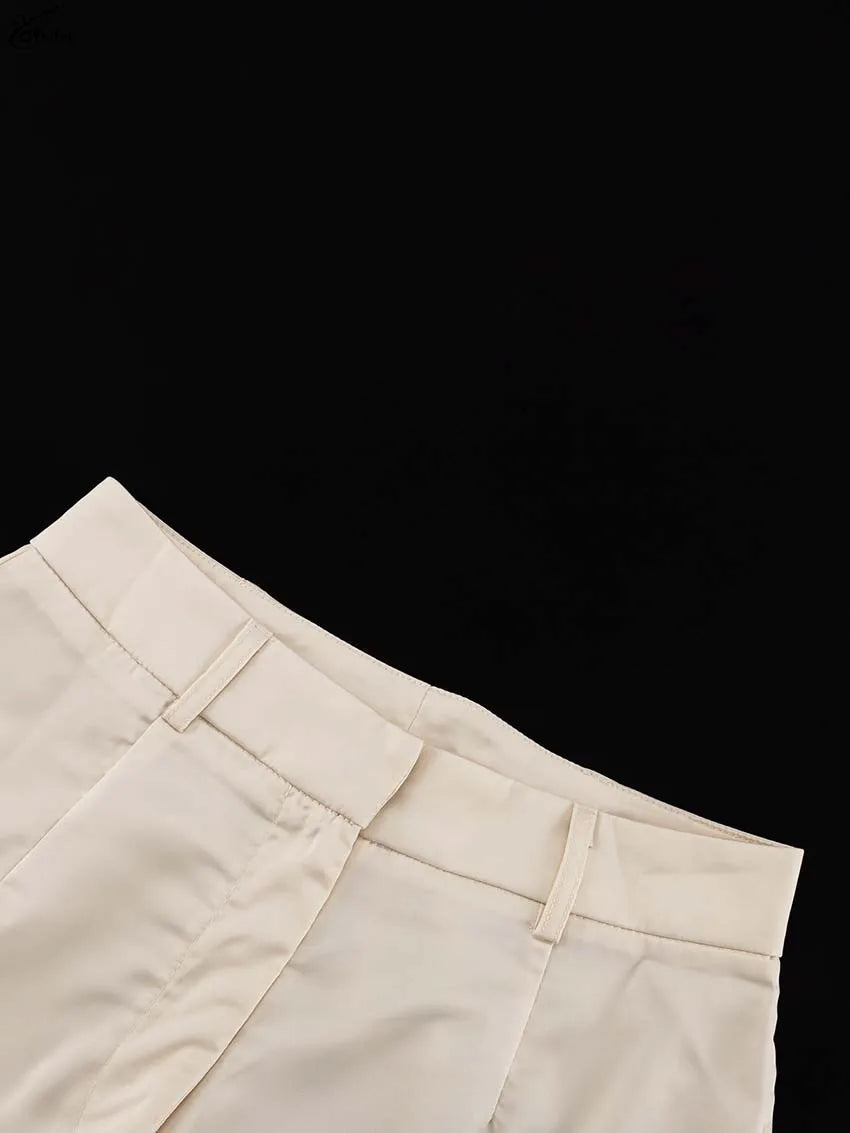 Oymimi Elegant Apricot 2 Piece Sets Women Outfit Fashion Long Sleeve Lace-Up Shirts And High Waist Straight Simple Trousers Sets