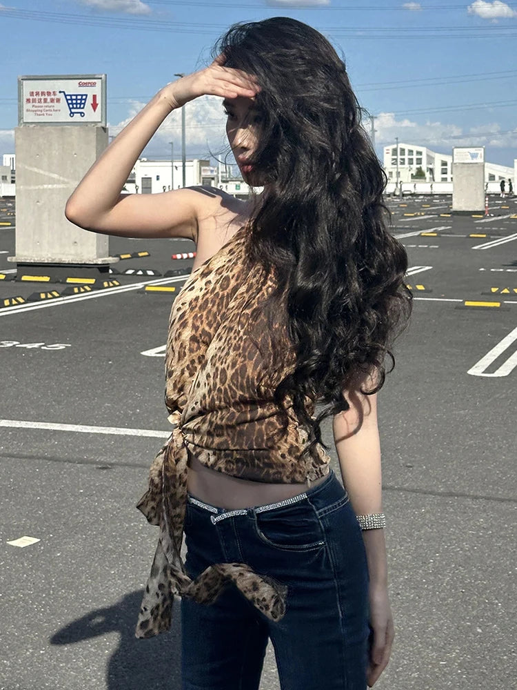 Backless Lace-Up Leopard Halter Top