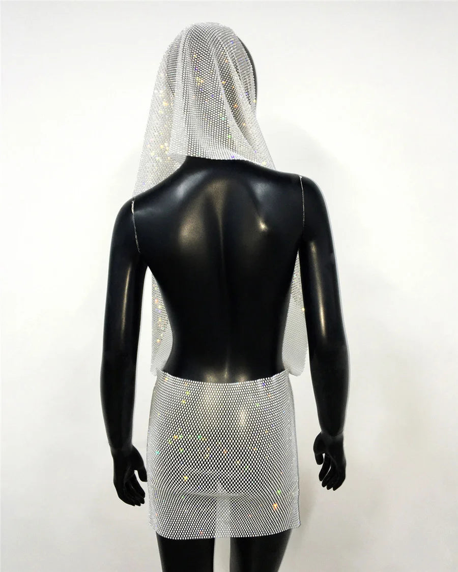 Y2K Rhinestone Sheer Mesh Festival Mini Dress for Women