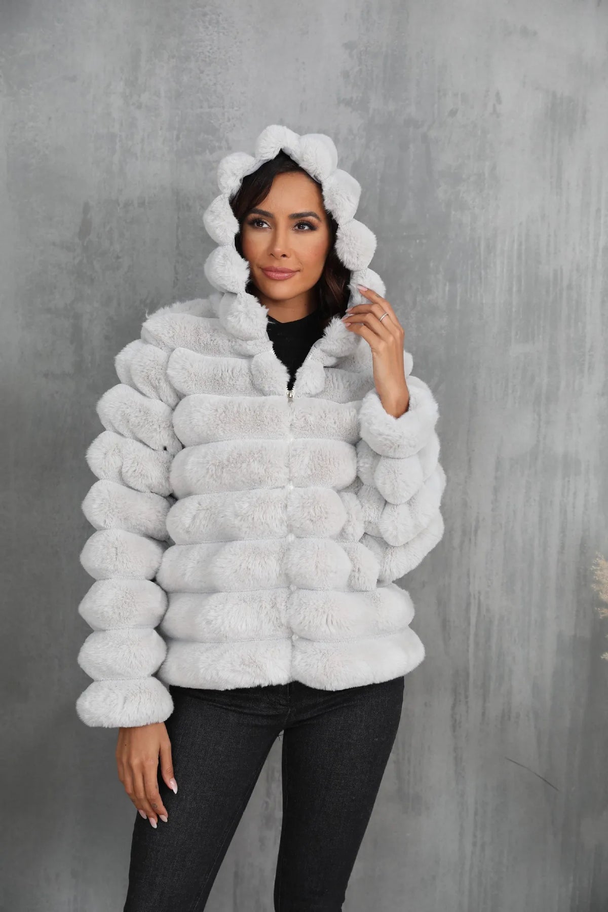 Warm Hooded Short Faux Fur Coat With Turn Down Collar for Women