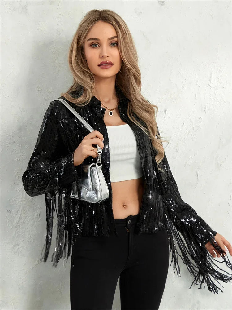 Glam Eighties Inspired Sequin Tassel Lapel Open Front Jacket for Women