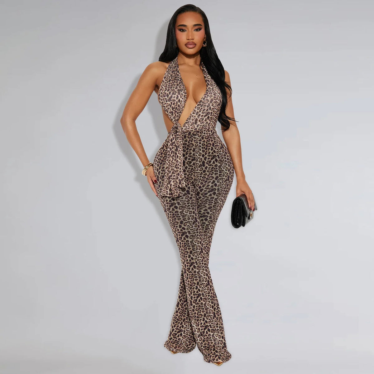 Leopard Print Halter Backless Bodycon Jumpsuit for Women