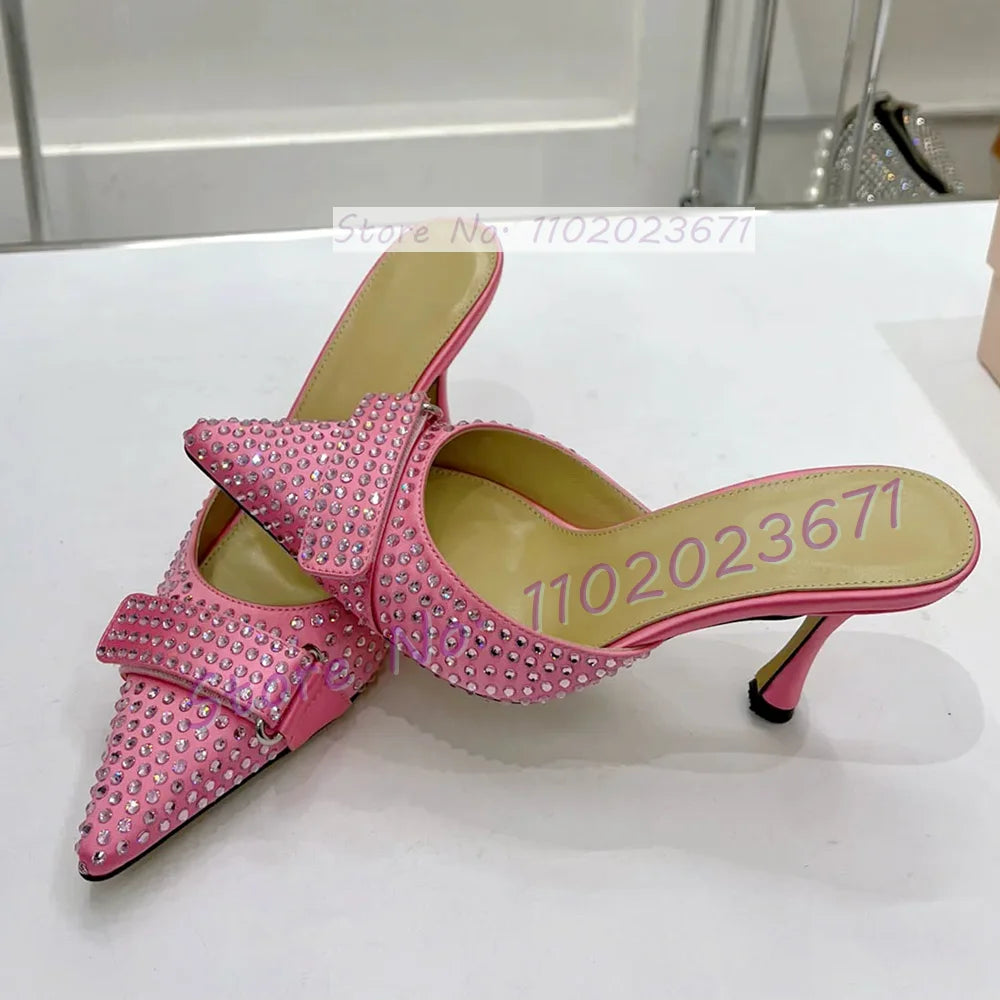 Full Rhinestones Satin Point Toe Slippers Women Sweet Solid Heels Knotted Slippers Elegant Shiny Crystal Custom Color Shoes