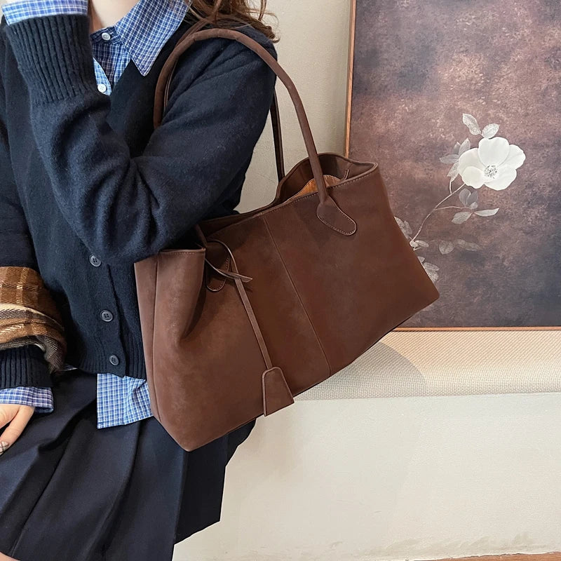 Luxurious Faux Suede Pure Color Retro Shoulder Tote Bag for Women