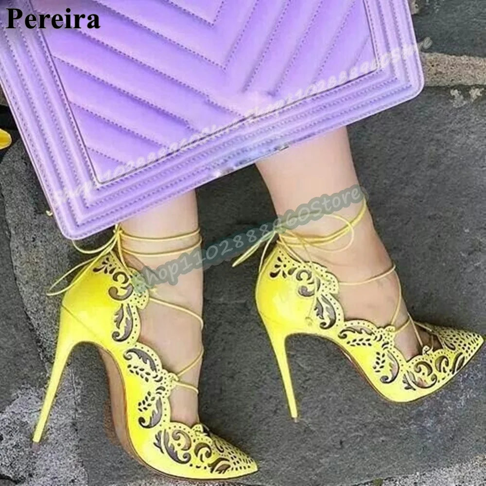 Gold Leather Shallow Hollow Pointy Pumps Stilettos High Heel Shoes For Women Cross Tied Pointed Toe Luxury Party Stylish Pumps
