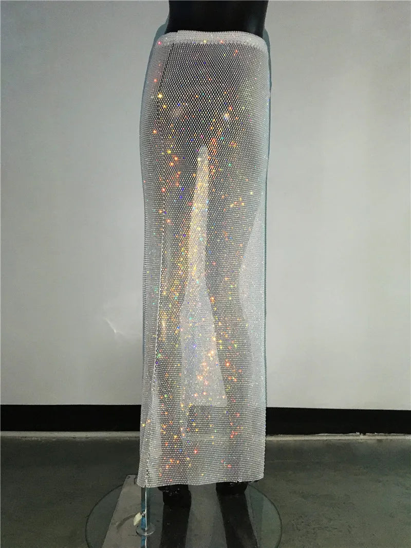 Glitter Rhinestone Long Fishnet Split Skirt for Women