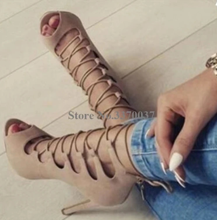 Lace Up Cross Strap Peep Toe Suede Leather Stiletto Pumps for Women