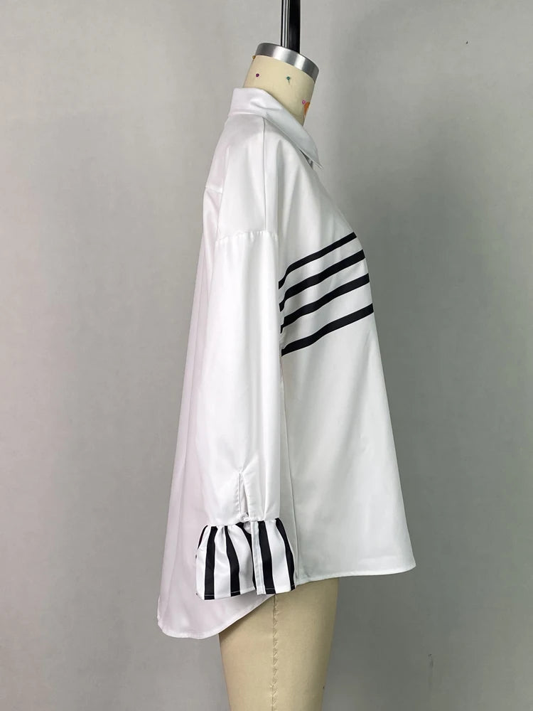 Lemongor Women's Lapel Shirts 2025 New Spring Fashion Striped Contrast Color Buttoned Flared Sleeves Loose Urban Casual Blouses