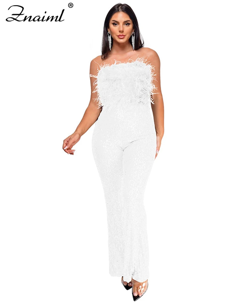 Znaiml New Luxury Sequins Jumpsuit with Colorful Feathers Sleeveless Shiny Dress Women's Evening Birathday One Pieces Rompers