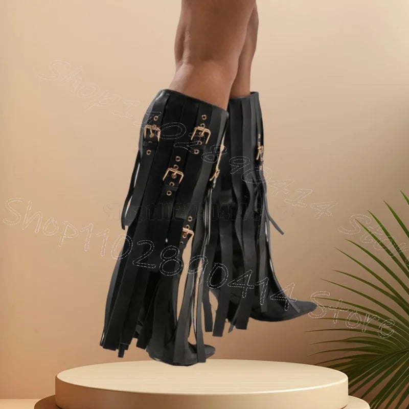 Pointed Toe Buckle Tassel Boots With Thin High Heels For Women