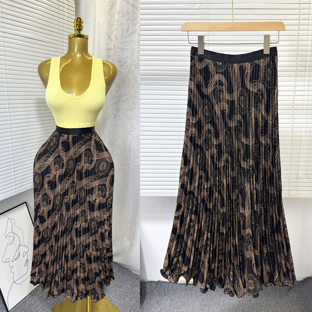 Floral Ruffle A Line Midi Skirt with Elastic Waist for Women
