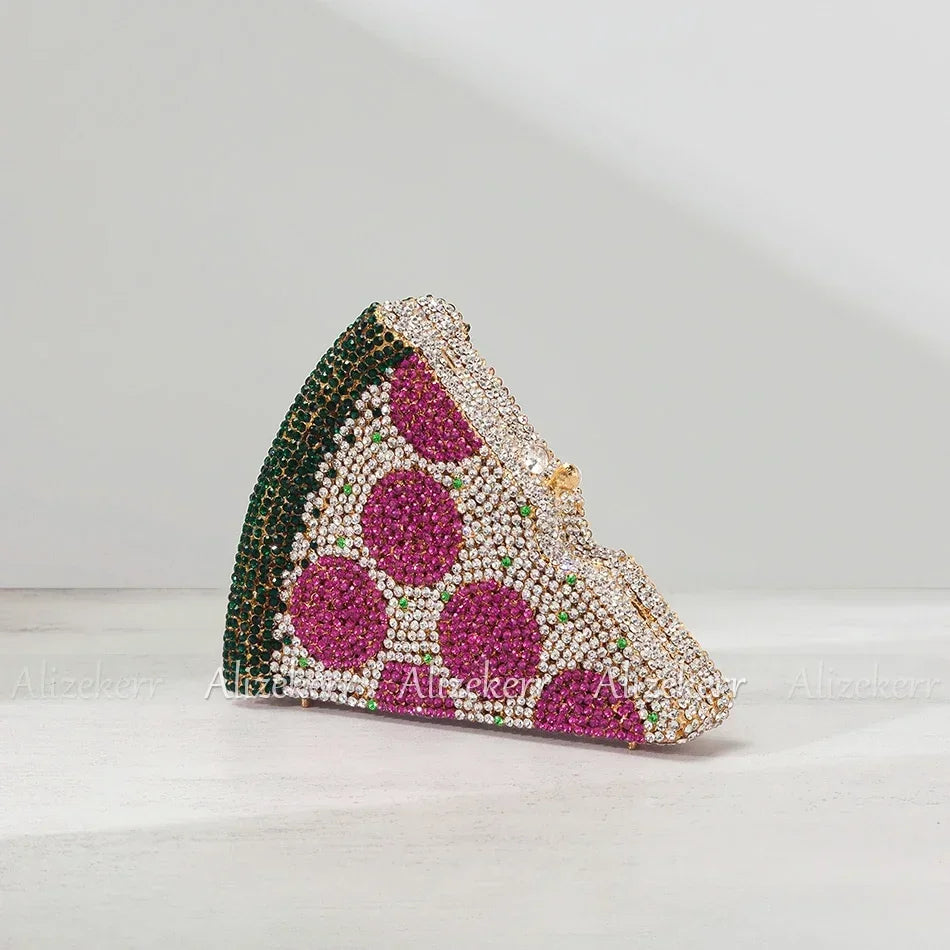 Alizekerr Pizza Shaped Diamond Evening Clutch Bags 2024 New Gorgeous Unique Metallic Watermelon Rhinestone Purses Wedding Party