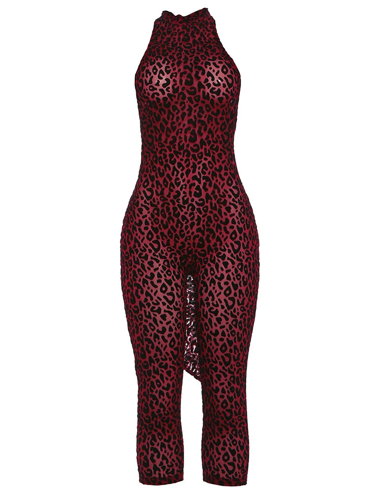Leopard Print Backless Sleeveless Halter Romper for Women