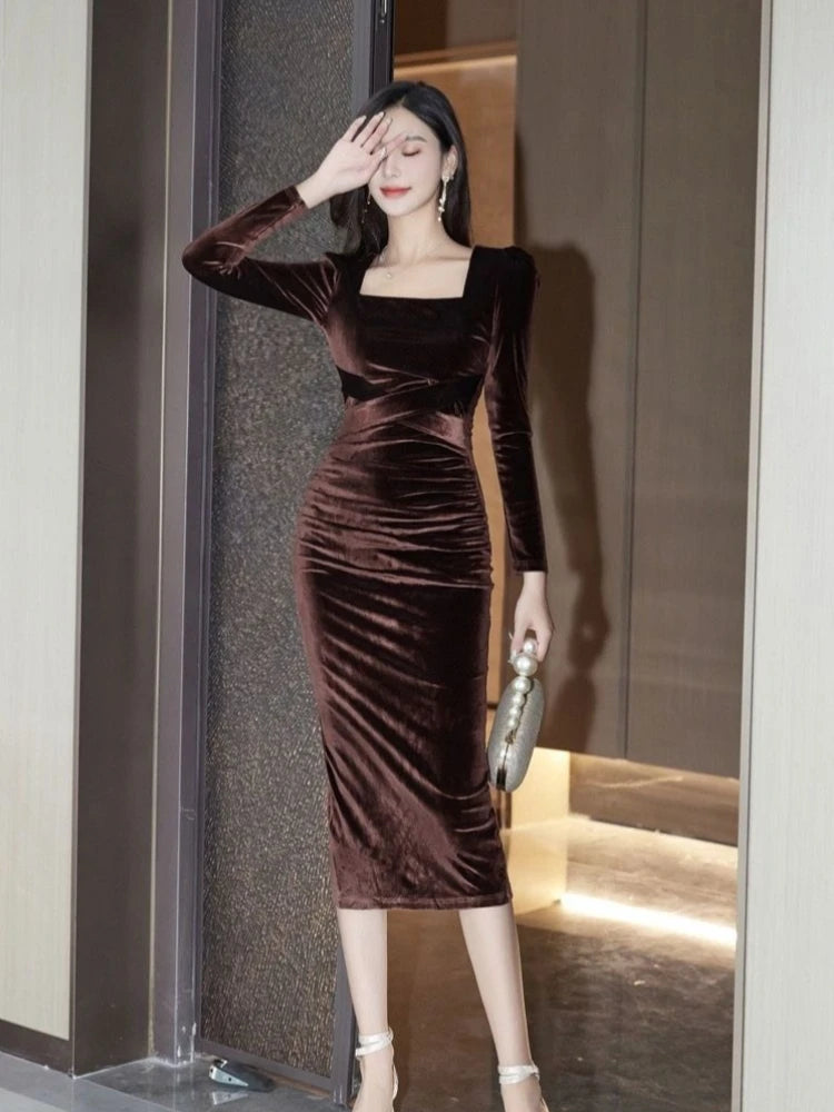 Elegant Women Velvet Dress High Waist Slimming Square Neck Long Sleeve Bodycon Wrap Hip Party Evening Gown