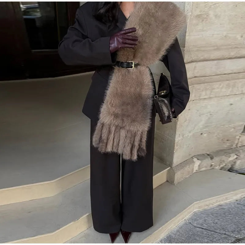 Long Thick Plush Faux Fur Scarf With Fringe for Women