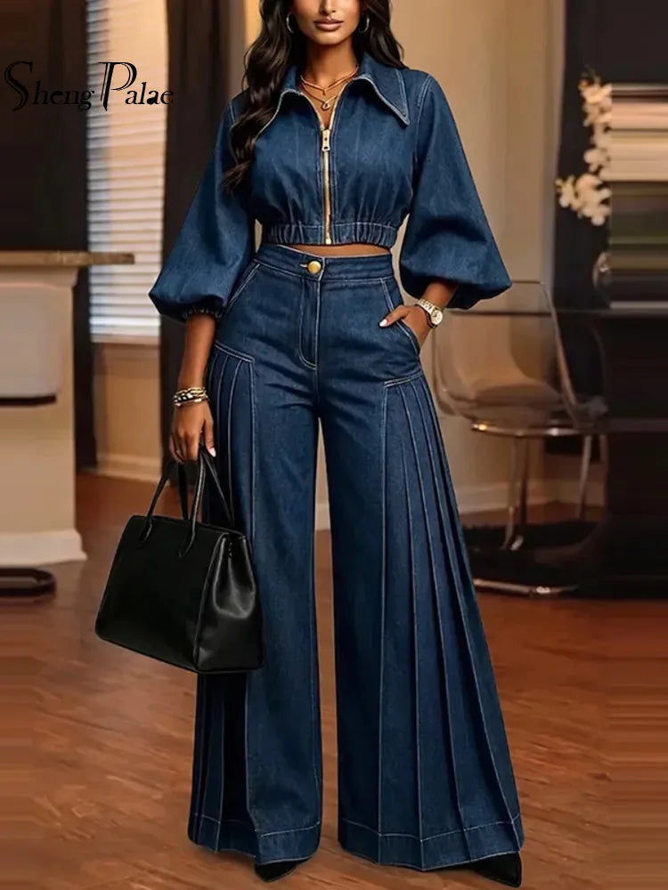 Puff Sleeve Wide Leg Denim Set