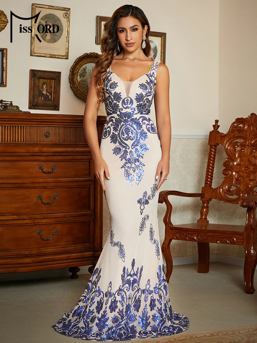 Missord Green Sequin Mermaid Evening Dress Women Elegant V-neck Sleeveless Bodycon Maxi Prom Party Dresses Long Formal Gown