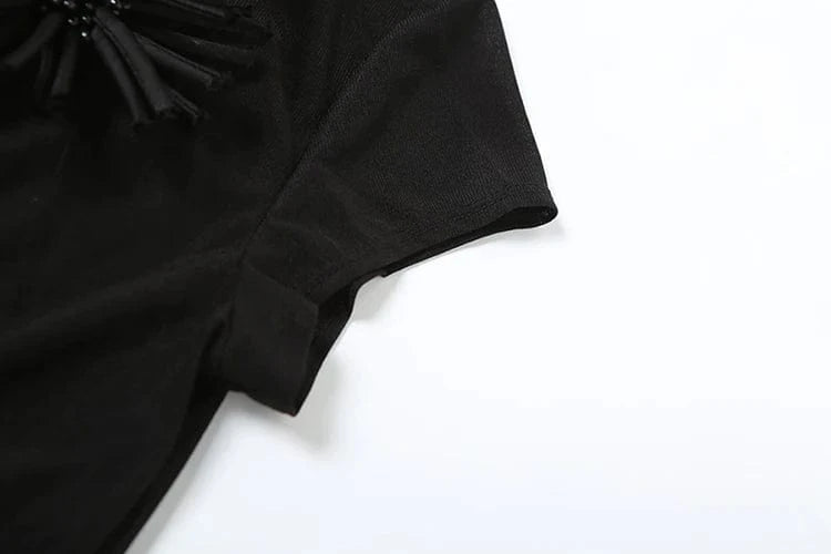 Weird Puss Tassel Applique Crop Tops Women Single-Breasted Half-High Neck Tassel Midnight Hottie Versatile Street Skinny T-Shirt