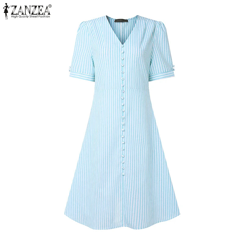 ZANZEA Women Elegant Striped Midi Dresses 2025 Summer Fashion V-Neck Short Puff Sleeve Fitted Waist A-Line Robes Femme Korean