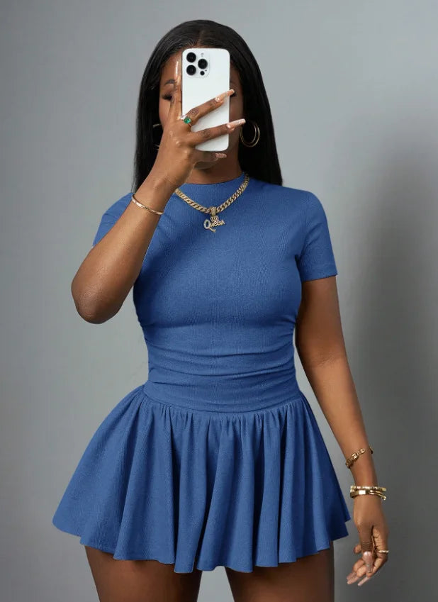 Casual Ribbed Two Piece Set with Crop Top and Pleated Skirt for Women