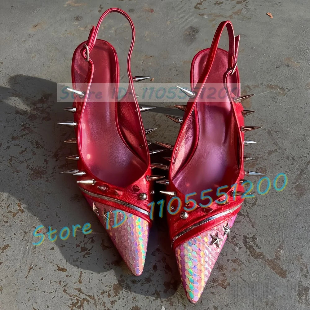 Colorful Fish Print Pointed Red Patent Leather Sandals for Women