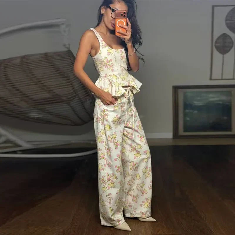 Urban Printed Vest and Wide Leg Pants Two Piece Set for Women