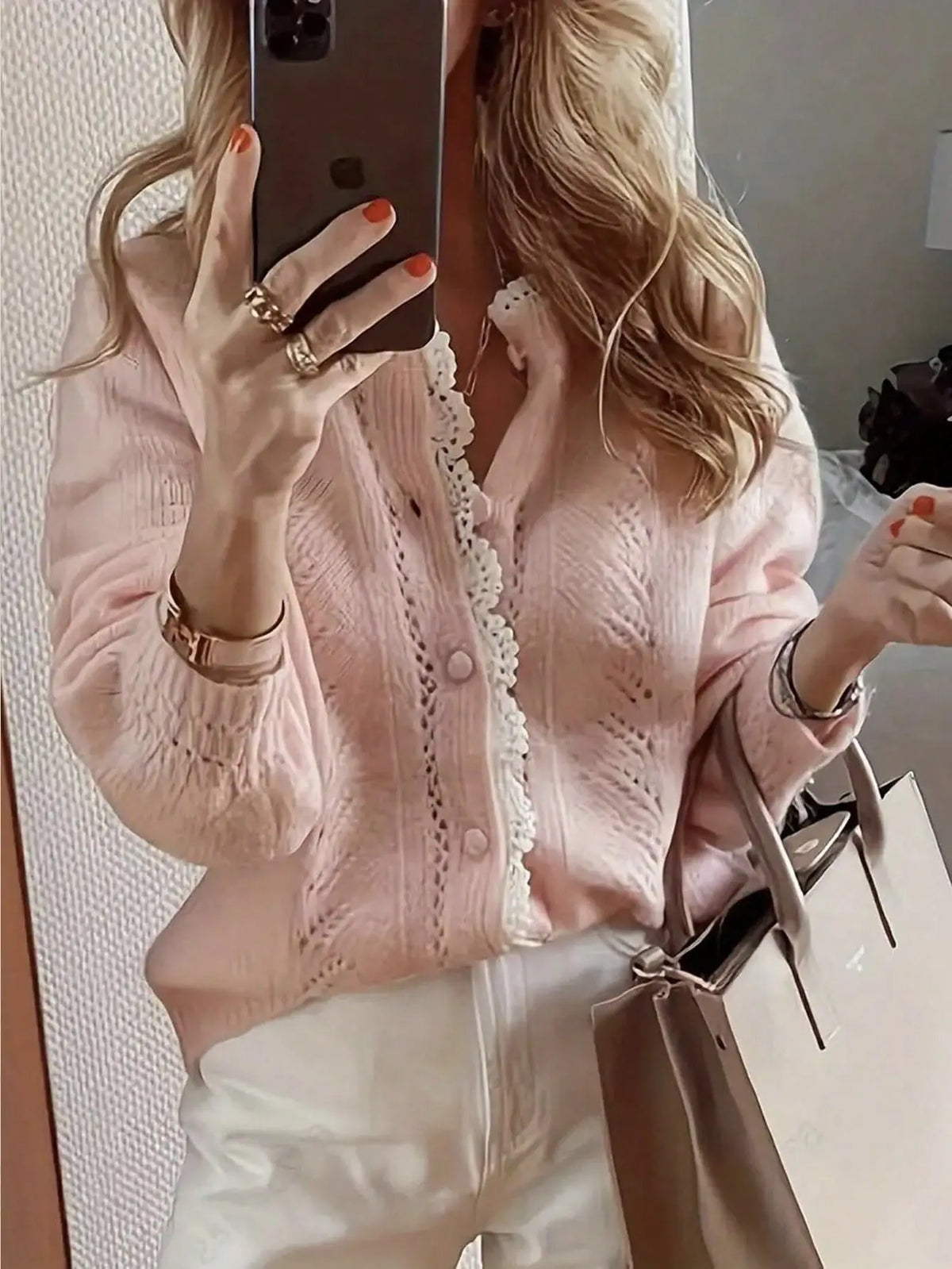 Loose Fit Hollow Out Knit Cardigan Sweater for Women