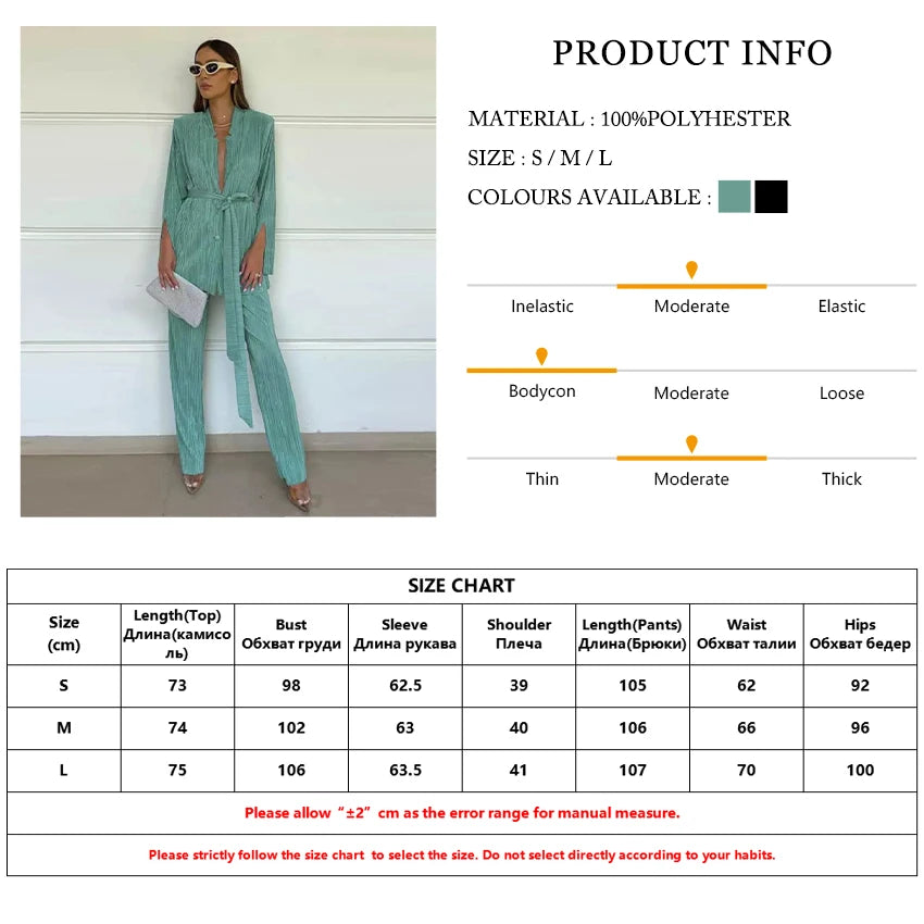 Oymimi Sexy Black Pleated 2 Piece Sets Women Outfit Fashion Loose Slit Long Sleeve Lace-Up Top With High Waist Pants Set Female