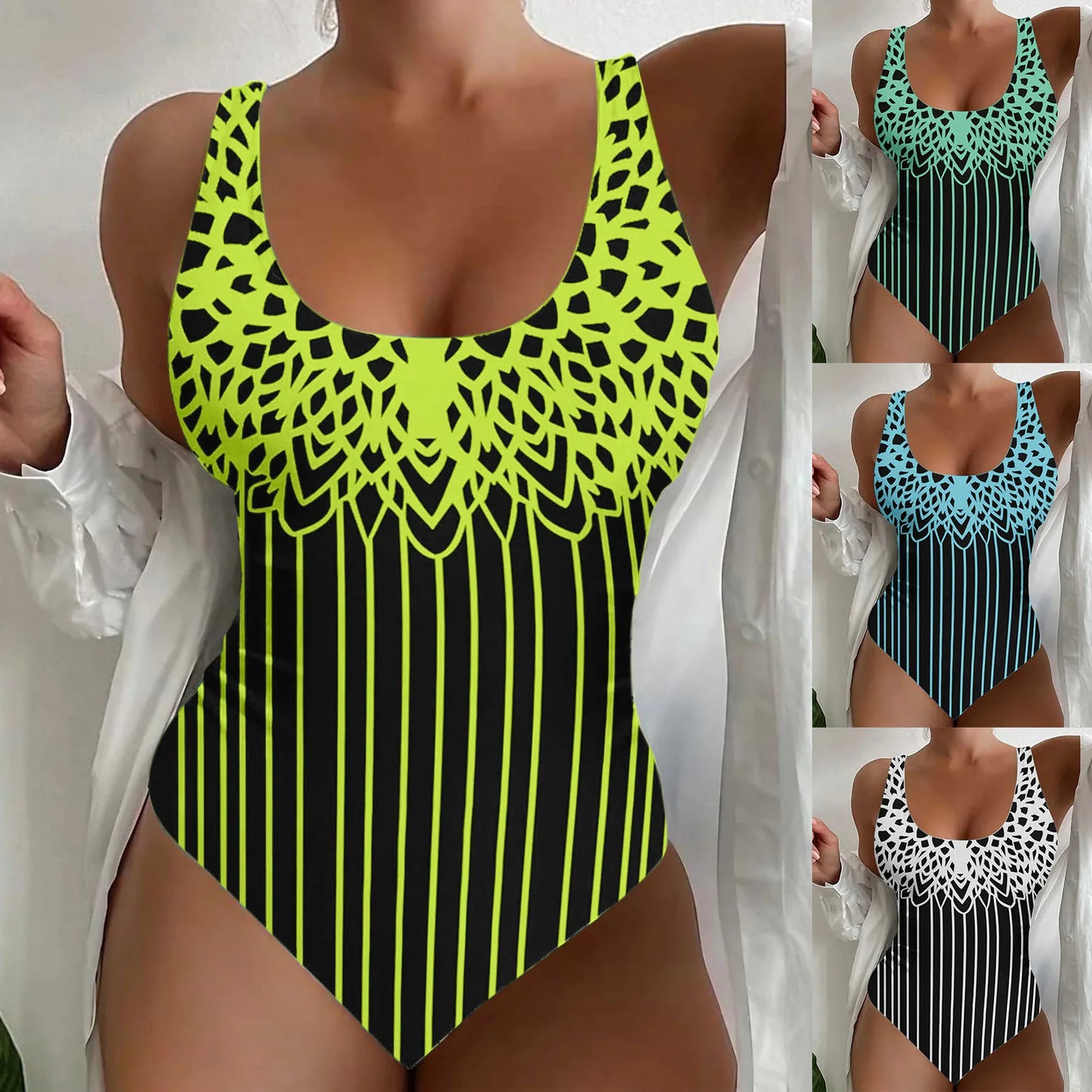 Plus Size U Neck Striped Print Figure Shaping Swimsuit for Women