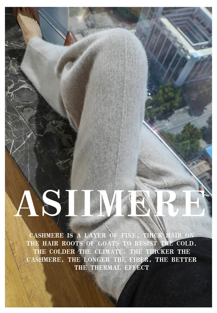 Elastic Waist Wide-Leg Knitted Cashmere Trousers for Women