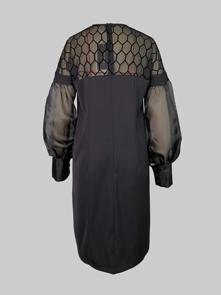 UOOZEE Urban Female Fashion Hollow O-Neck Party Evening Mini Dresses 2025 New See-through Puff Sleeve Elegant Office Black Dress