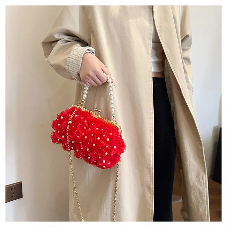 Pearl Floral Chain Evening Crossbody Bag