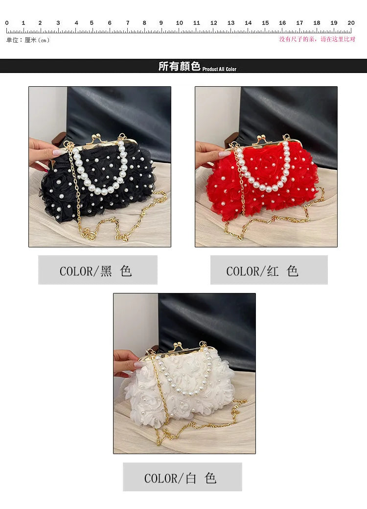 Pearl Floral Chain Evening Crossbody Bag