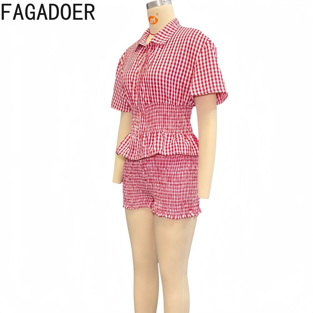 FAGADOER Casual Red Plaid 2 Pieces Set for Woman Short Sleeve Ruffle Patchwork Shirts and Shorts Outfit Female Streetwear New