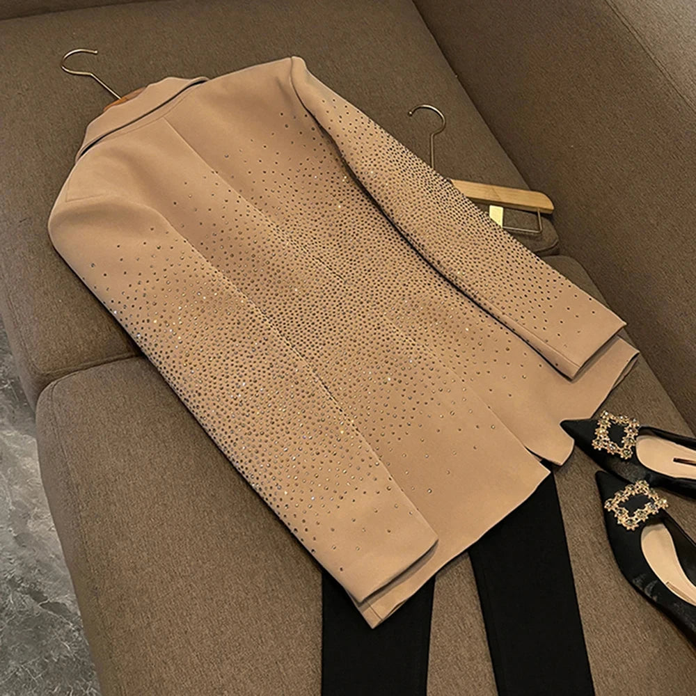 TWOTWINSTYLE Temperament Spliced Diamonds Jackets For Women Lapel Long Sleeve Designer Blazer Female Fashion Style New KJA534367