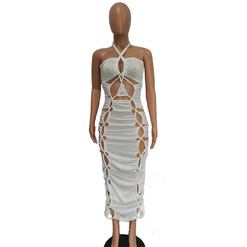 Solid Lace Up Caged Halter Backless Zipper Ruched Midi Dress for Women