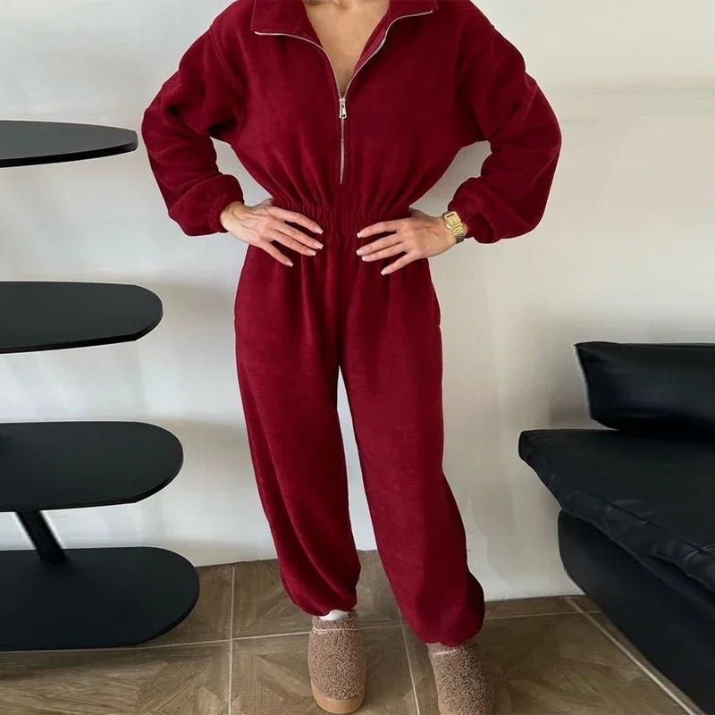 Casual Brown Stand Collar Long Sleeve Jumpsuit for Women