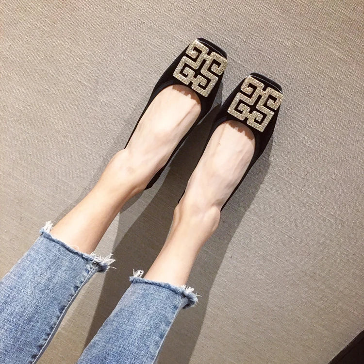 Rhinestone Buckle Square Toe Slip On Flats for Women