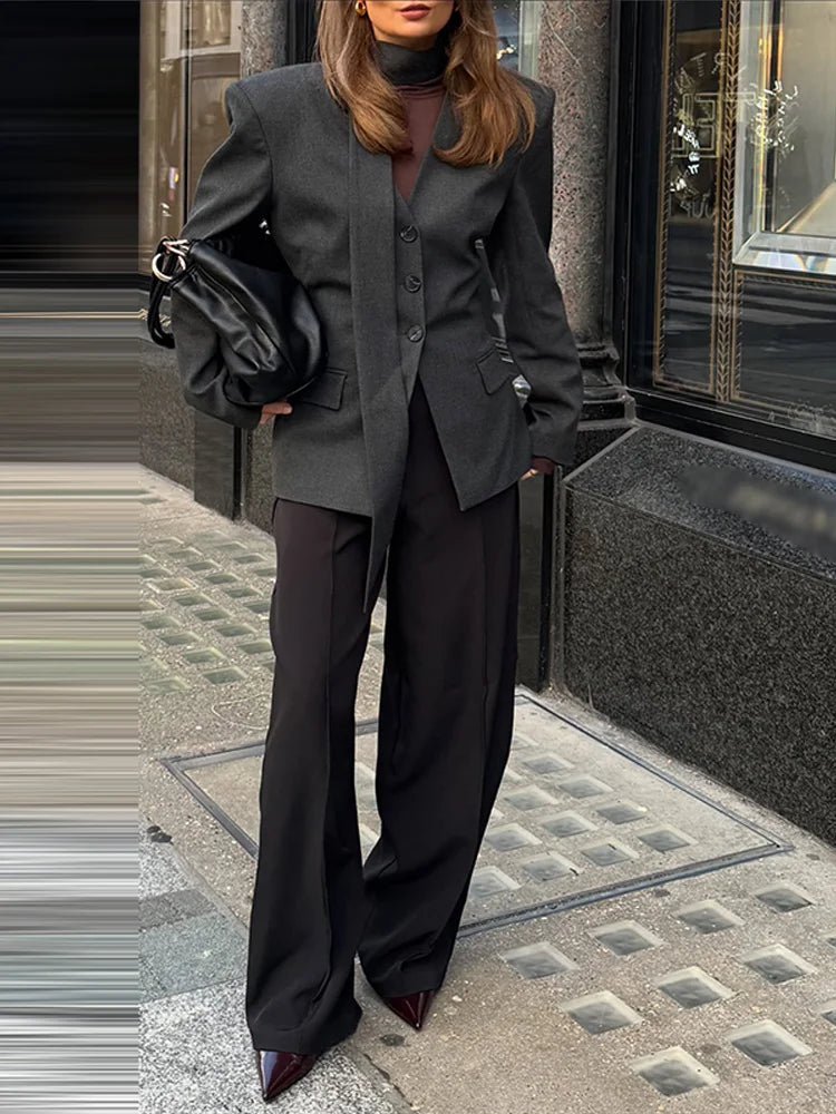 Elegant Slim V-Neck Scarf Trim Blazer Coat for Women
