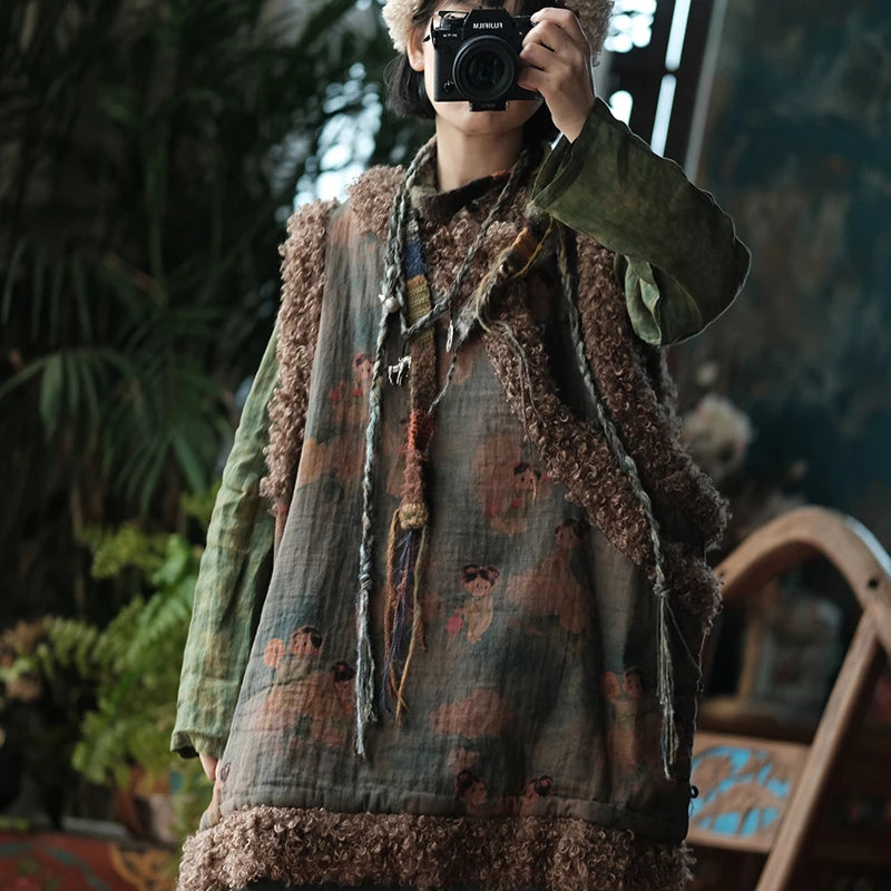 Winter Vintage Cartoon Print Knit Vest Coat for Women
