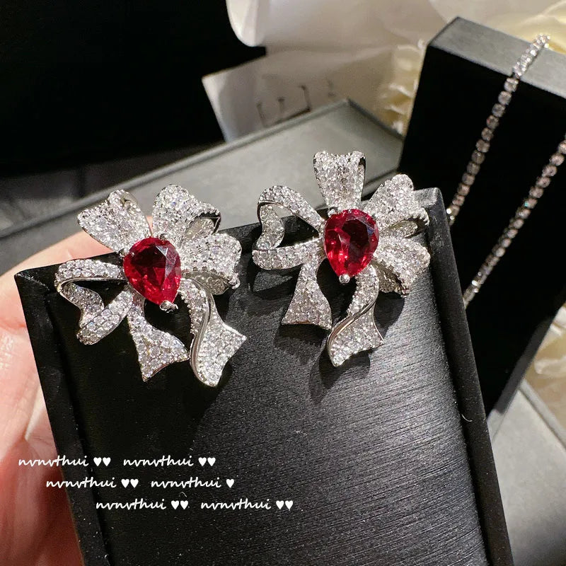 Elegant Red Zircon Bowknot Bridal Jewelry Set for Women