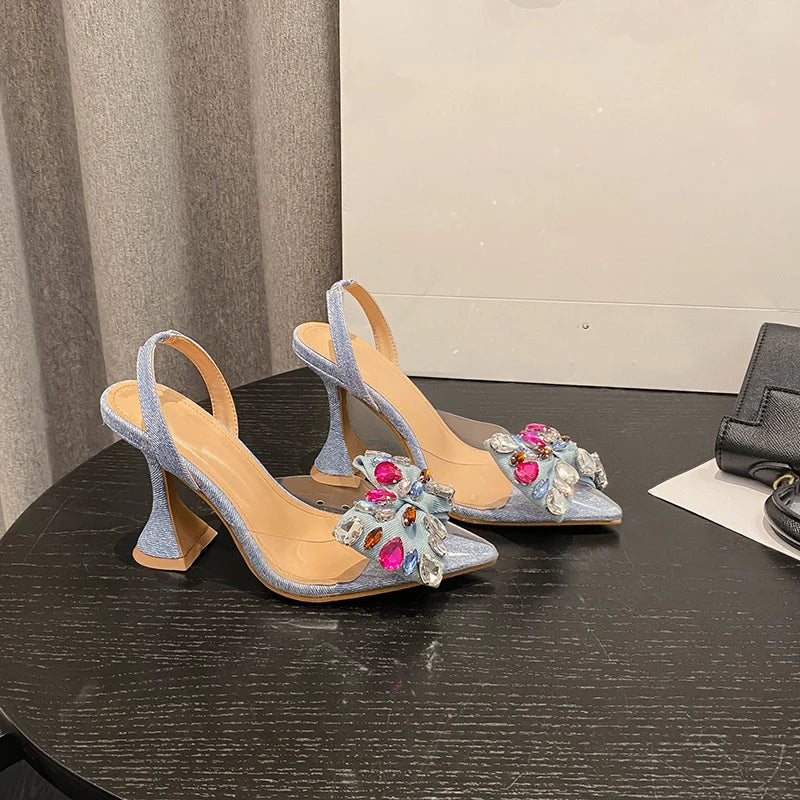 Blue Crystal Bowknot Embellished Pointed Toe Pumps for Women