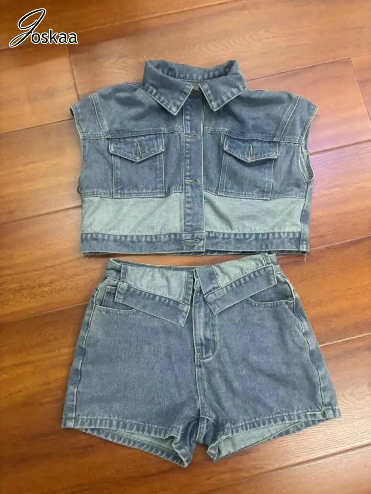 Joskaa Patchwork Stretch Denim 2 Piece Sets Women Lapel Button Pocket Tank Tops and Irregular Shorts Matching 2025 Streetwear